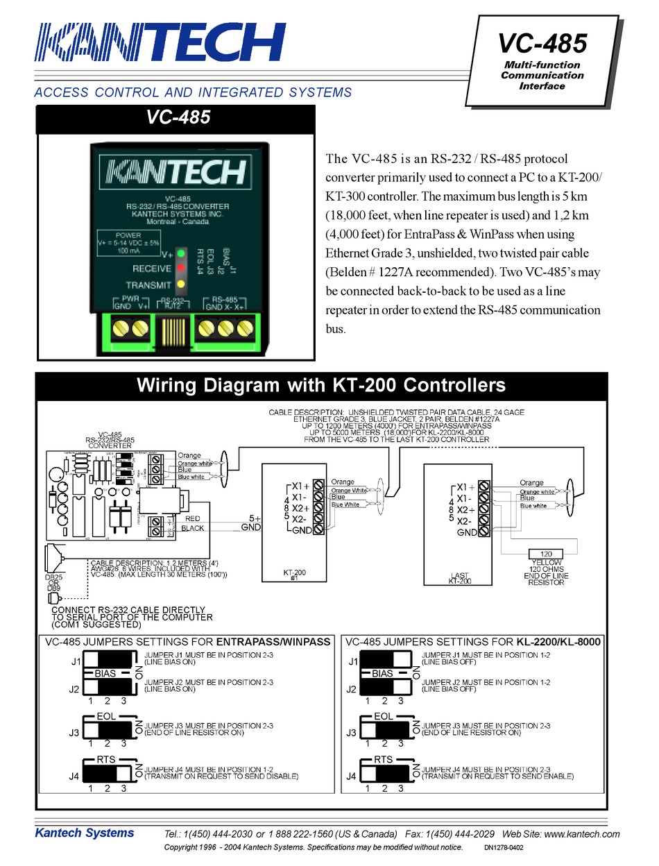 KANTECH MULTIFUNCTION COMMUNICATION INTERFACE VC485 WIRING DIAGRAM
