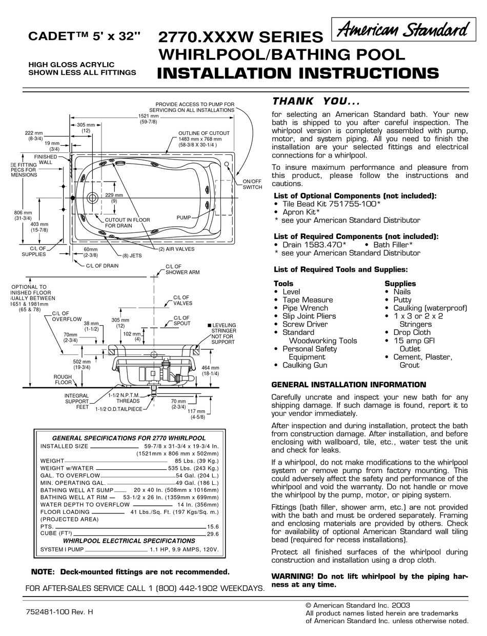 AMERICAN STANDARD CADET 2770.XXXW SERIES INSTALLATION INSTRUCTIONS Pdf