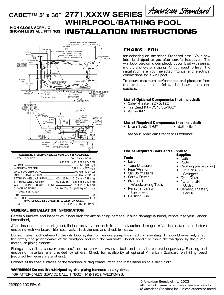 AMERICAN STANDARD CADET 2771.XXXW SERIES INSTALLATION INSTRUCTIONS Pdf