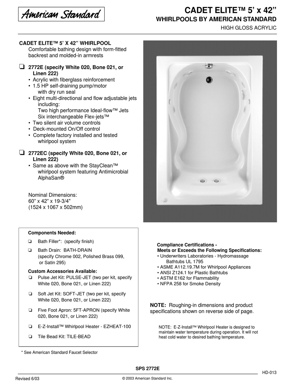 AMERICAN STANDARD CADET ELITE 2772EC FEATURES & DIMENSIONS Pdf Download