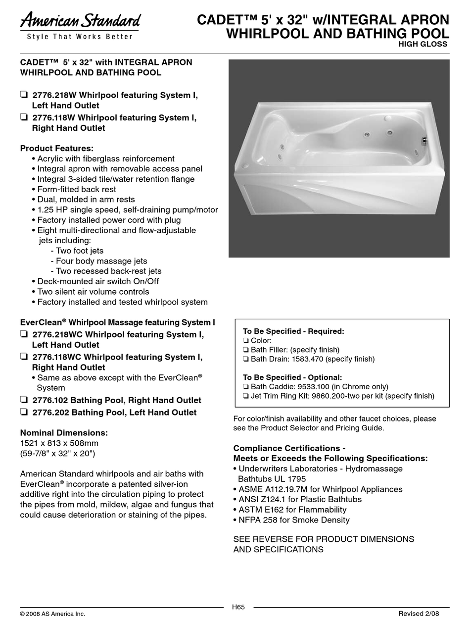 Integral A Whirlpool, American Standard Cadet Bathtub Installation Instructions