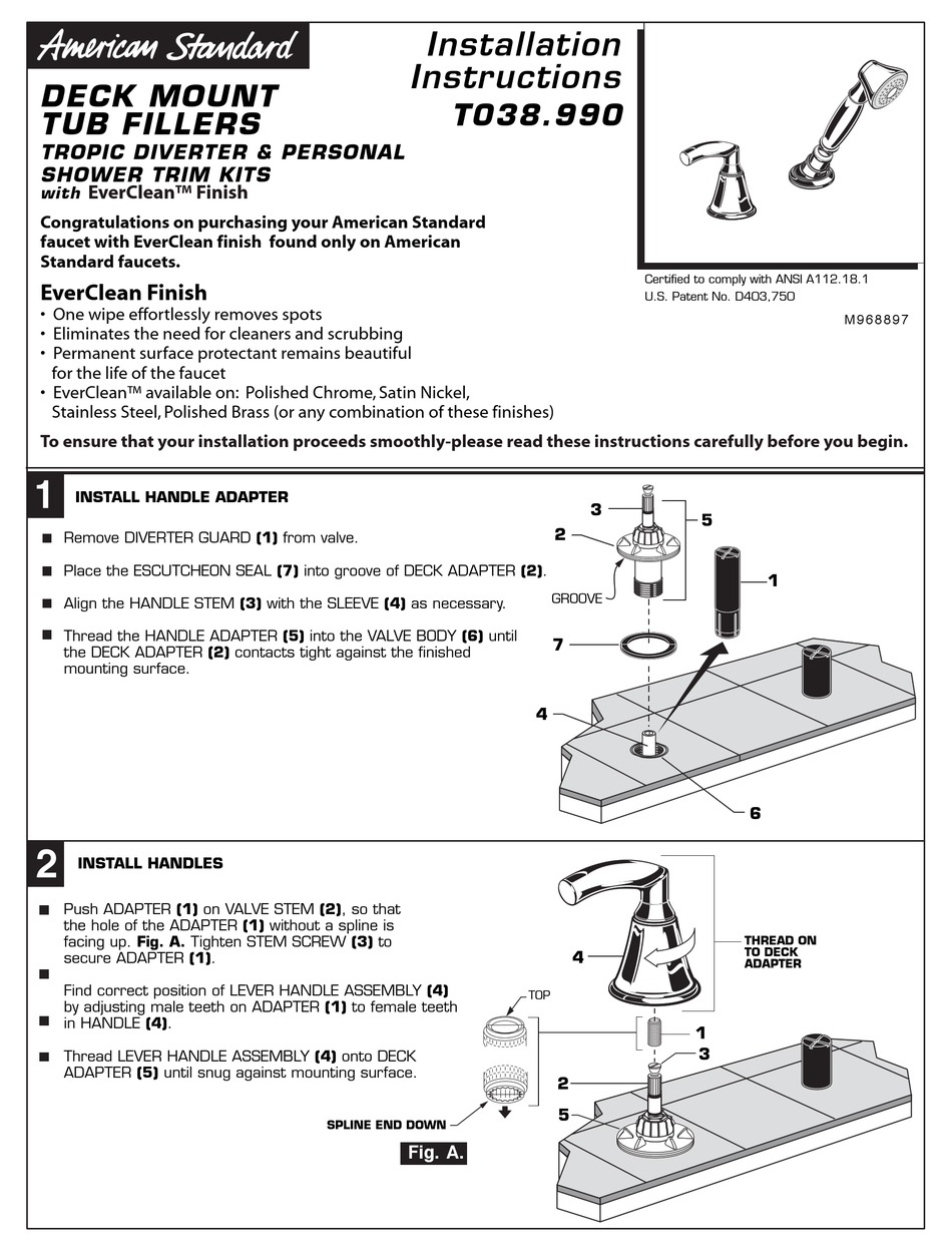 AMERICAN STANDARD DECK MOUNT TUB FILLERS T038.990 INSTALLATION