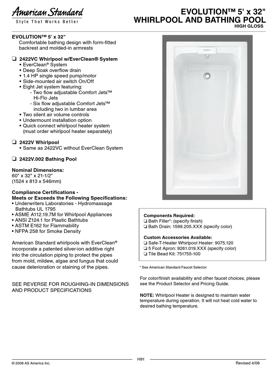 AMERICAN STANDARD EVOLUTION 1599.205 SPECIFICATION SHEET Pdf Download