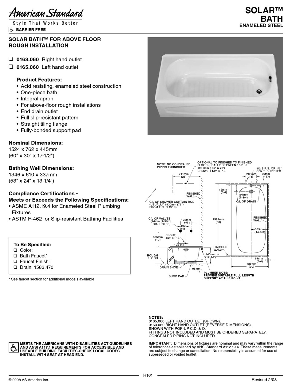 American Standard Solar Bathtub 0163, American Standard Cadet Bathtub Installation Instructions