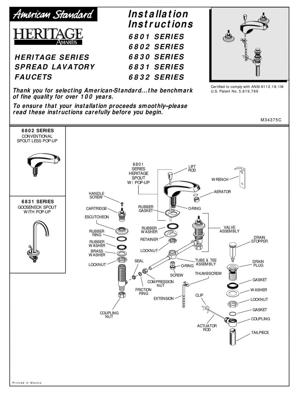 AMERICAN STANDARD 6801 SERIES INSTALLATION INSTRUCTIONS Pdf Download ...