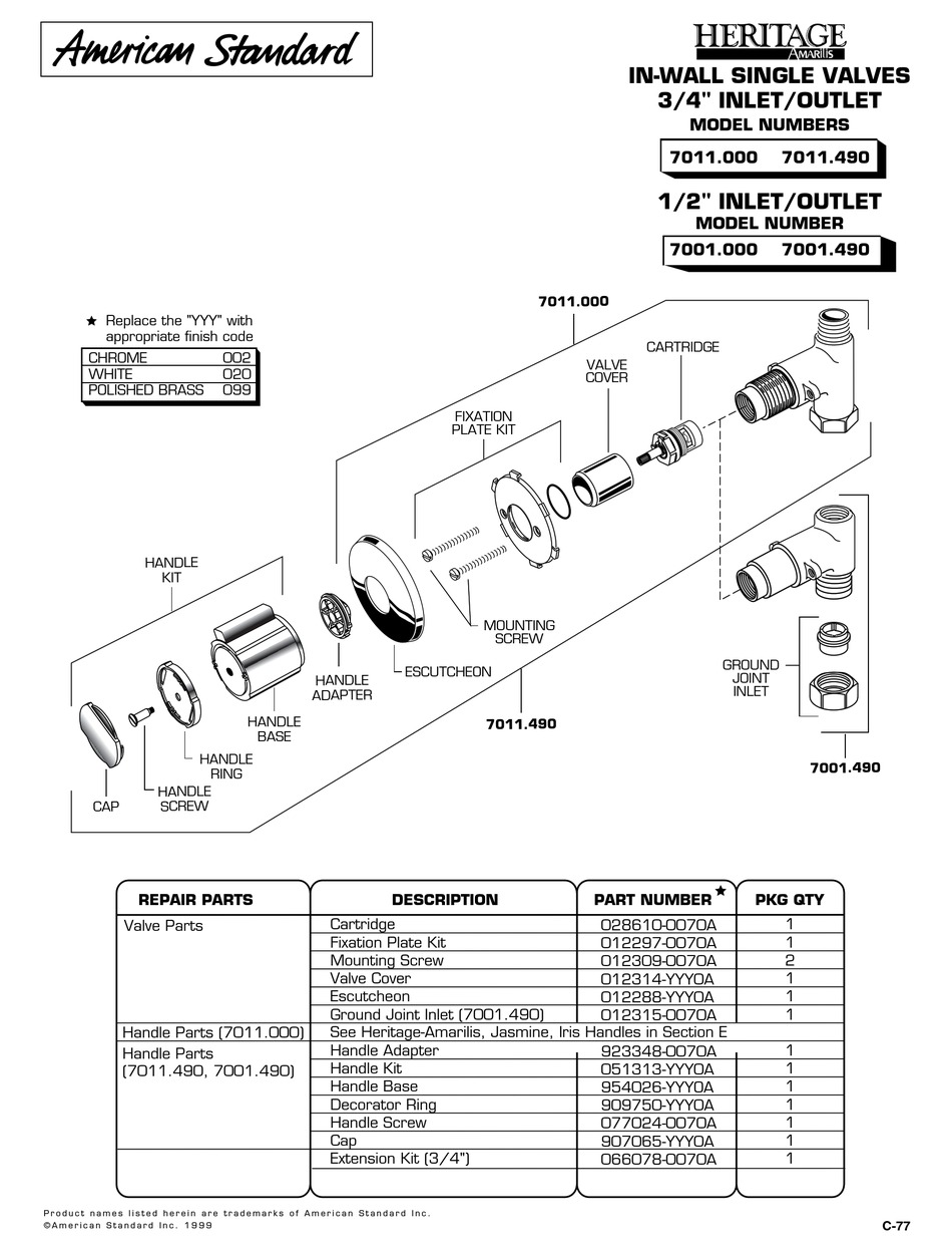 AMERICAN STANDARD 7001 PARTS LIST Pdf Download ManualsLib