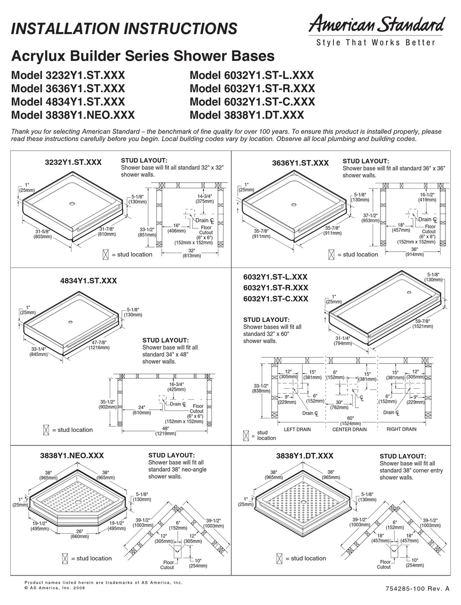 AMERICAN STANDARD ACRYLUX BUILDER SERIES SHOWER BASES 3232Y1.ST.XXX