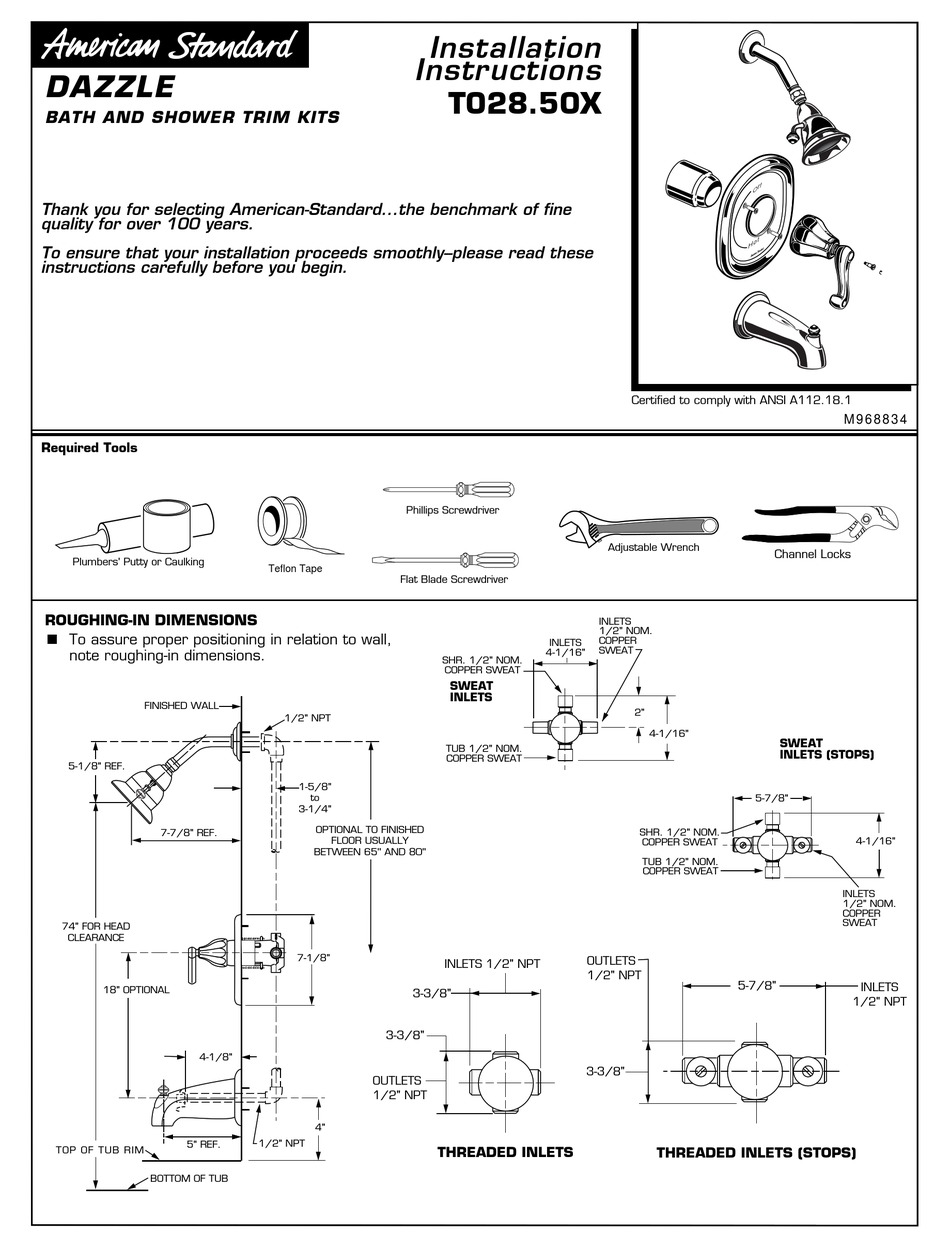 AMERICAN STANDARD BATH/SHOWER TRIM KIT T028.50X INSTALLATION
