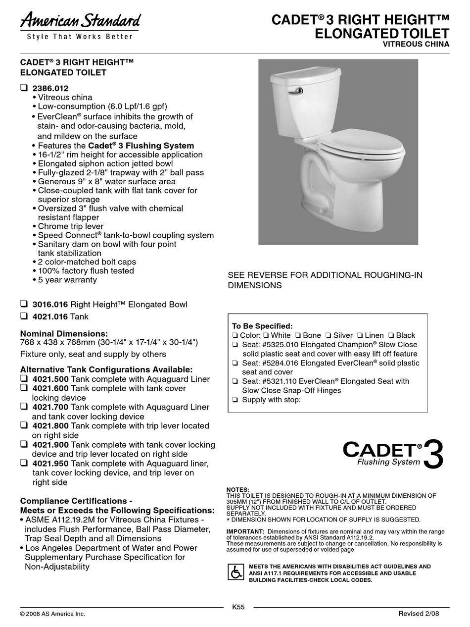 AMERICAN STANDARD CADET 2386.012 SPECIFICATIONS Pdf Download ManualsLib