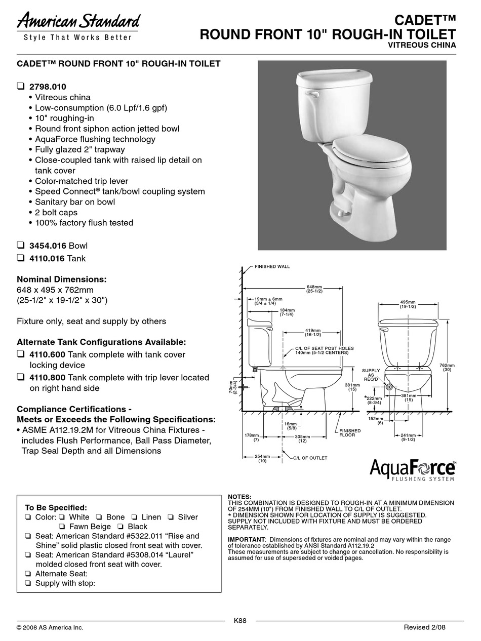 AMERICAN STANDARD CADET 2798.010 SPECIFICATION SHEET Pdf Download ...