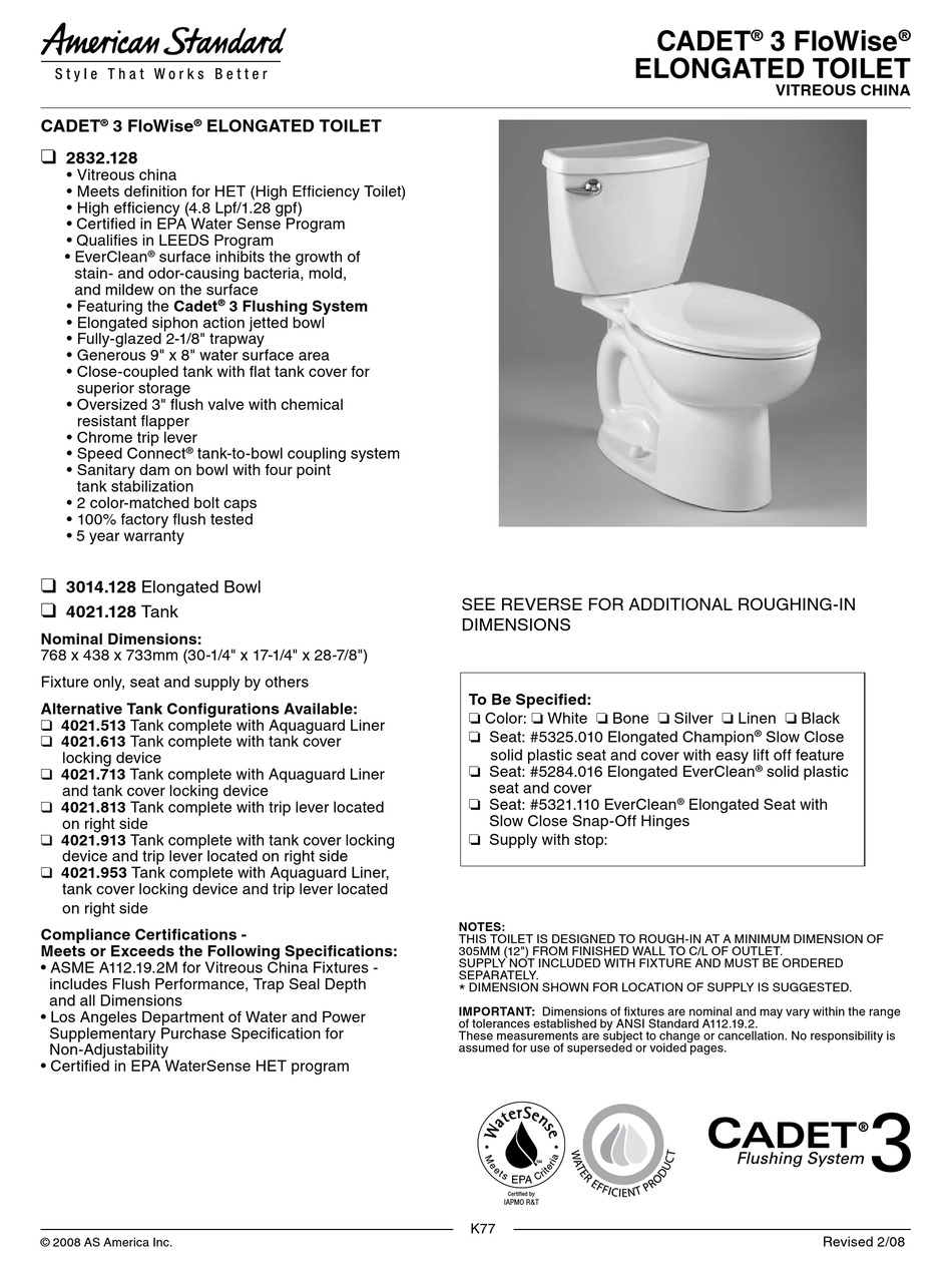 AMERICAN STANDARD CADET 2832.128 SPECIFICATIONS Pdf Download ManualsLib