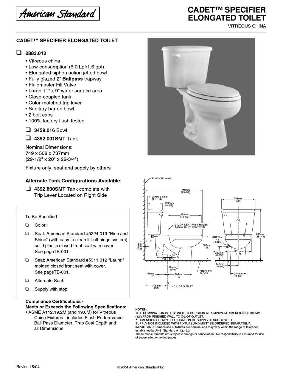 AMERICAN STANDARD CADET 2883.012 SPECIFICATIONS Pdf Download | ManualsLib