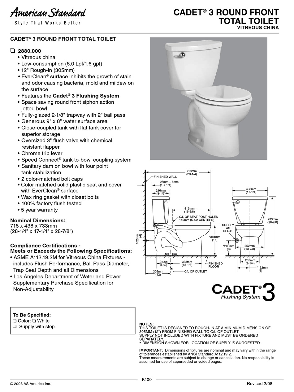 AMERICAN STANDARD CADET 3 ROUND FRONT TOTAL TOILET 2880.000 FEATURES ...