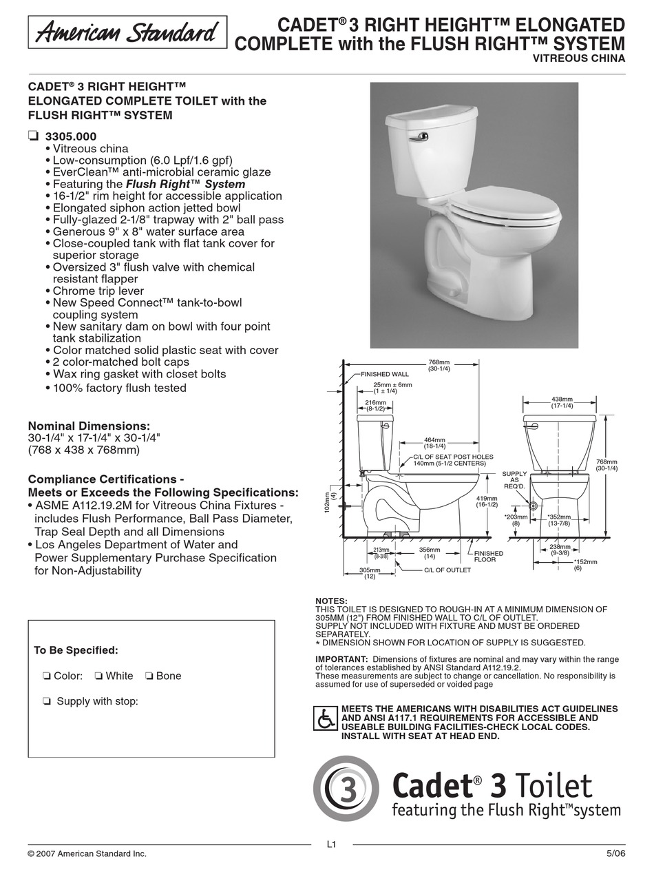 American Standard Cadet 3305 000, American Standard Cadet Bathtub Installation Instructions