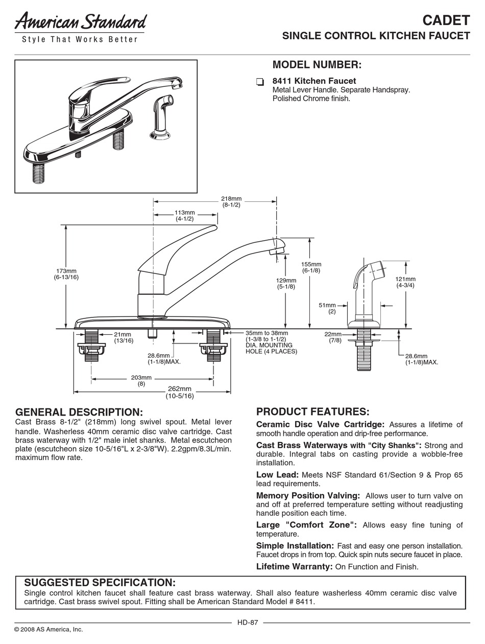 AMERICAN STANDARD CADET 8411 FEATURES & DIMENSIONS Pdf Download