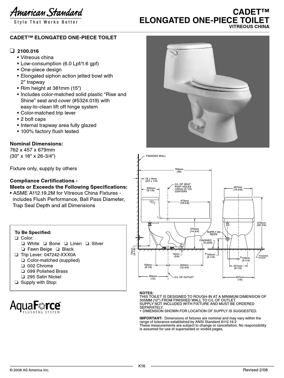 AMERICAN STANDARD CADET ELONGATED ONE-PIECE TOILET 2100.016 ...