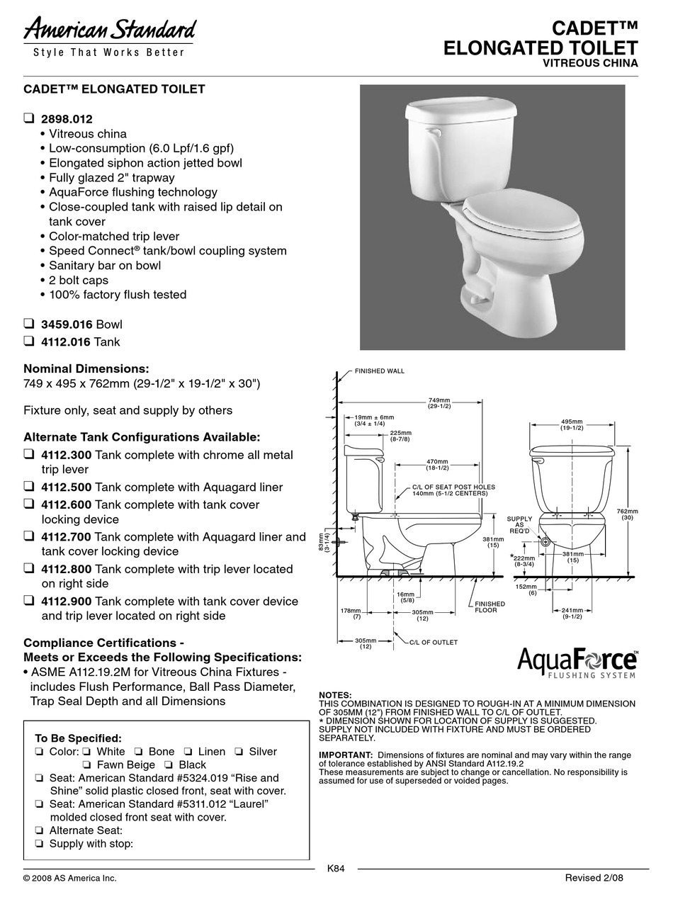 AMERICAN STANDARD CADET ELONGATED TOILET 2898.012 FEATURES & DIMENSIONS