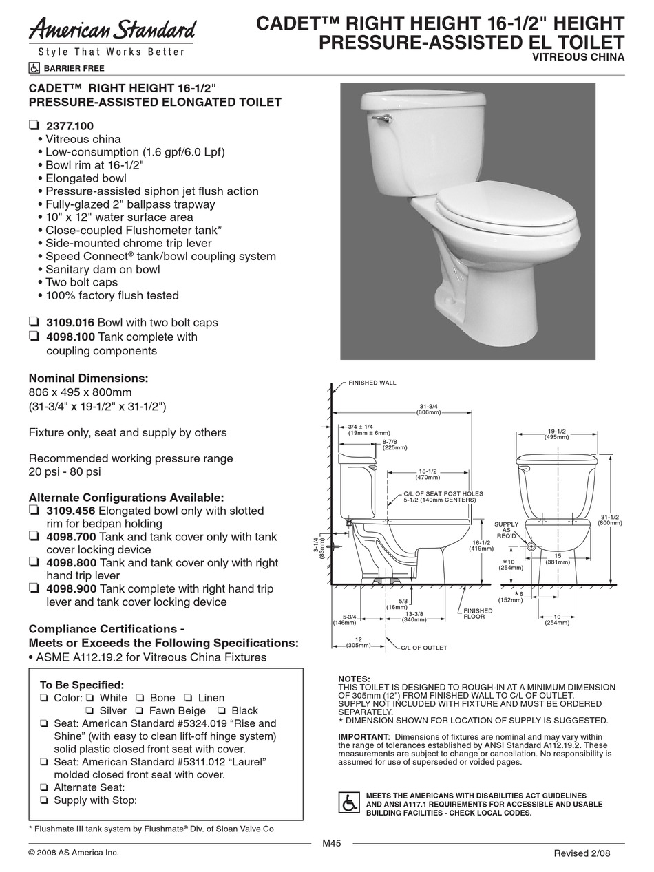 AMERICAN STANDARD CADET RIGHT HEIGHT 16-1/2