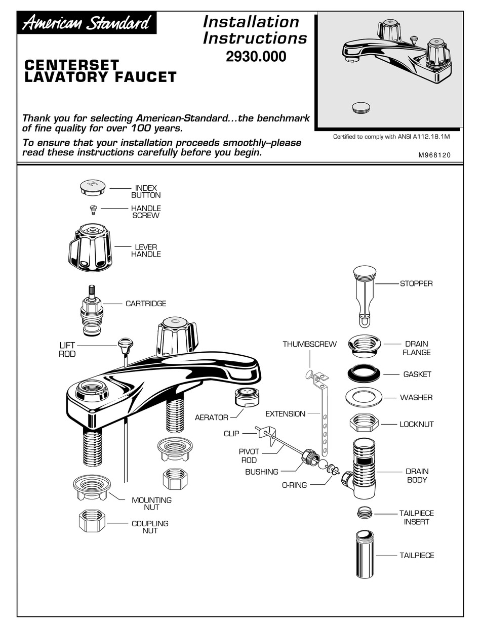 AMERICAN STANDARD CENTERSET LAVATORY FAUCET M968120 INSTALLATION ...