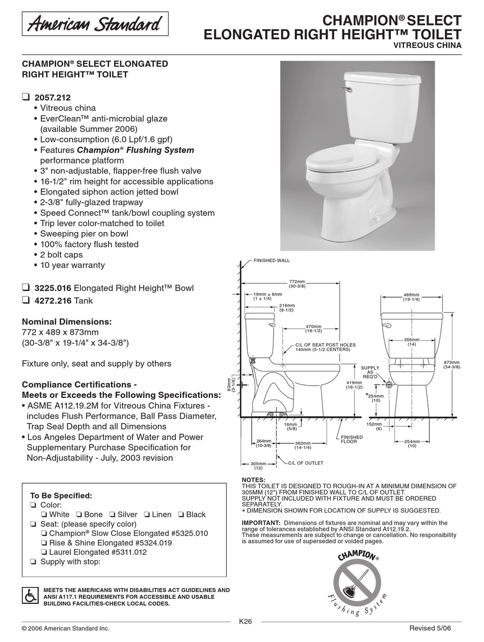 AMERICAN STANDARD CHAMPION SELECT ELONGATED RIGHT HEIGHT TOILET 2057.212 SPECIFICATION SHEET Pdf