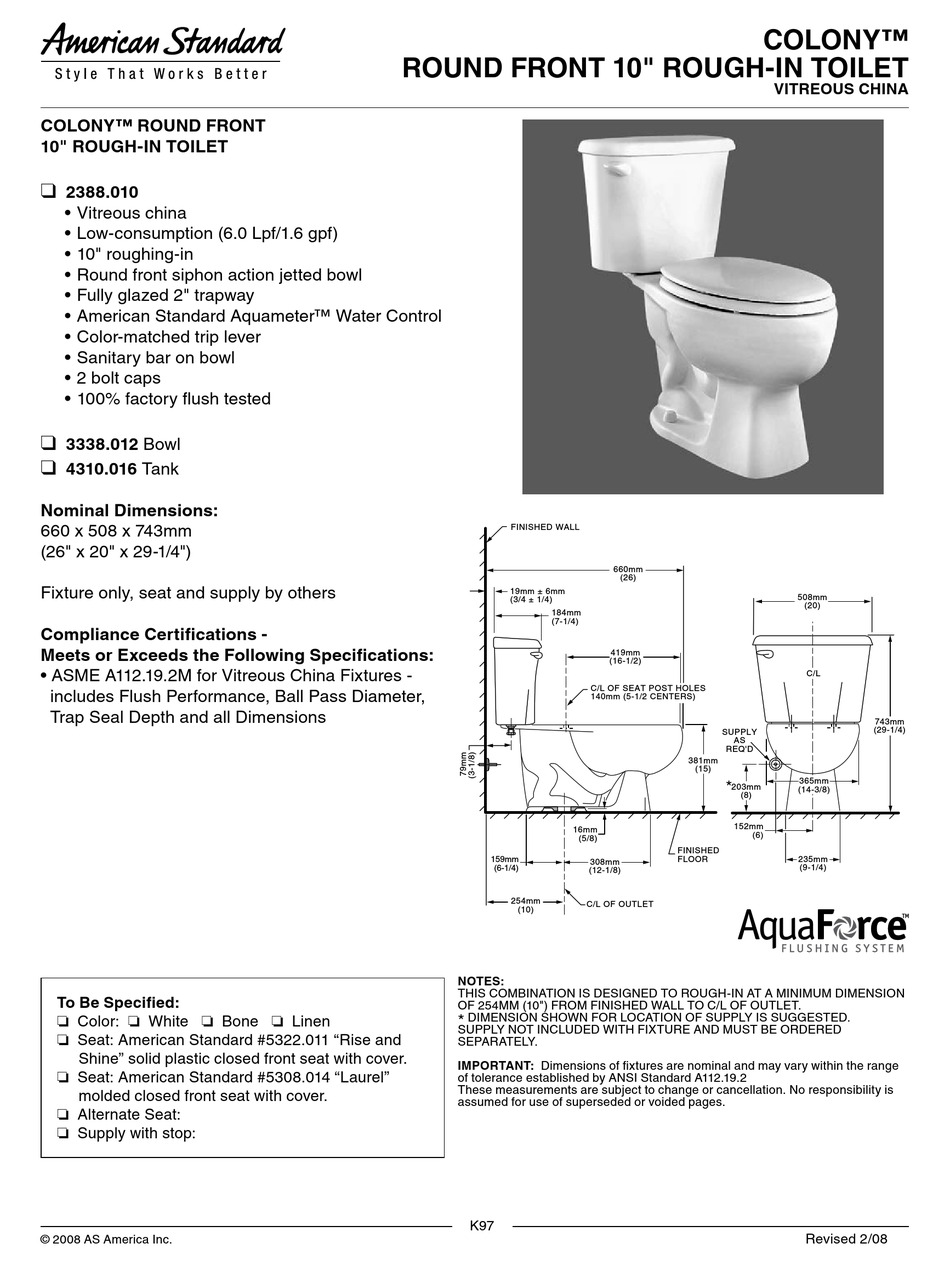 AMERICAN STANDARD COLONY 2388.010 SPECIFICATION Pdf Download | ManualsLib