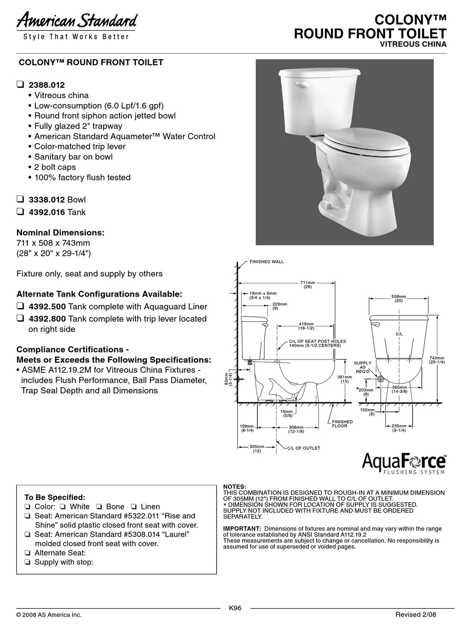 AMERICAN STANDARD COLONY 2388.012 SPECIFICATION SHEET Pdf Download ...