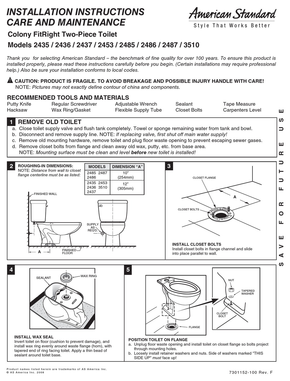 AMERICAN STANDARD COLONY FITRIGHT TWO-PIECE TOILET 2453 INSTALLATION ...