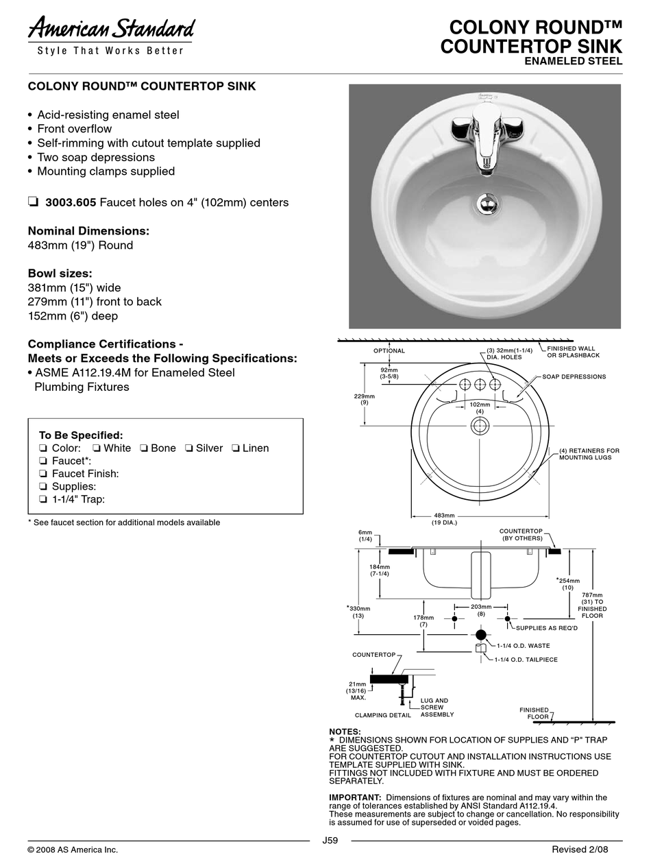 AMERICAN STANDARD COLONY ROUND COUNTERTOP SINK 3003.605 SPECIFICATION