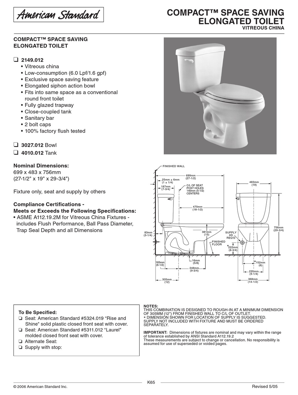 AMERICAN STANDARD COMPACT 3027.012 SPECIFICATION SHEET Pdf Download ...