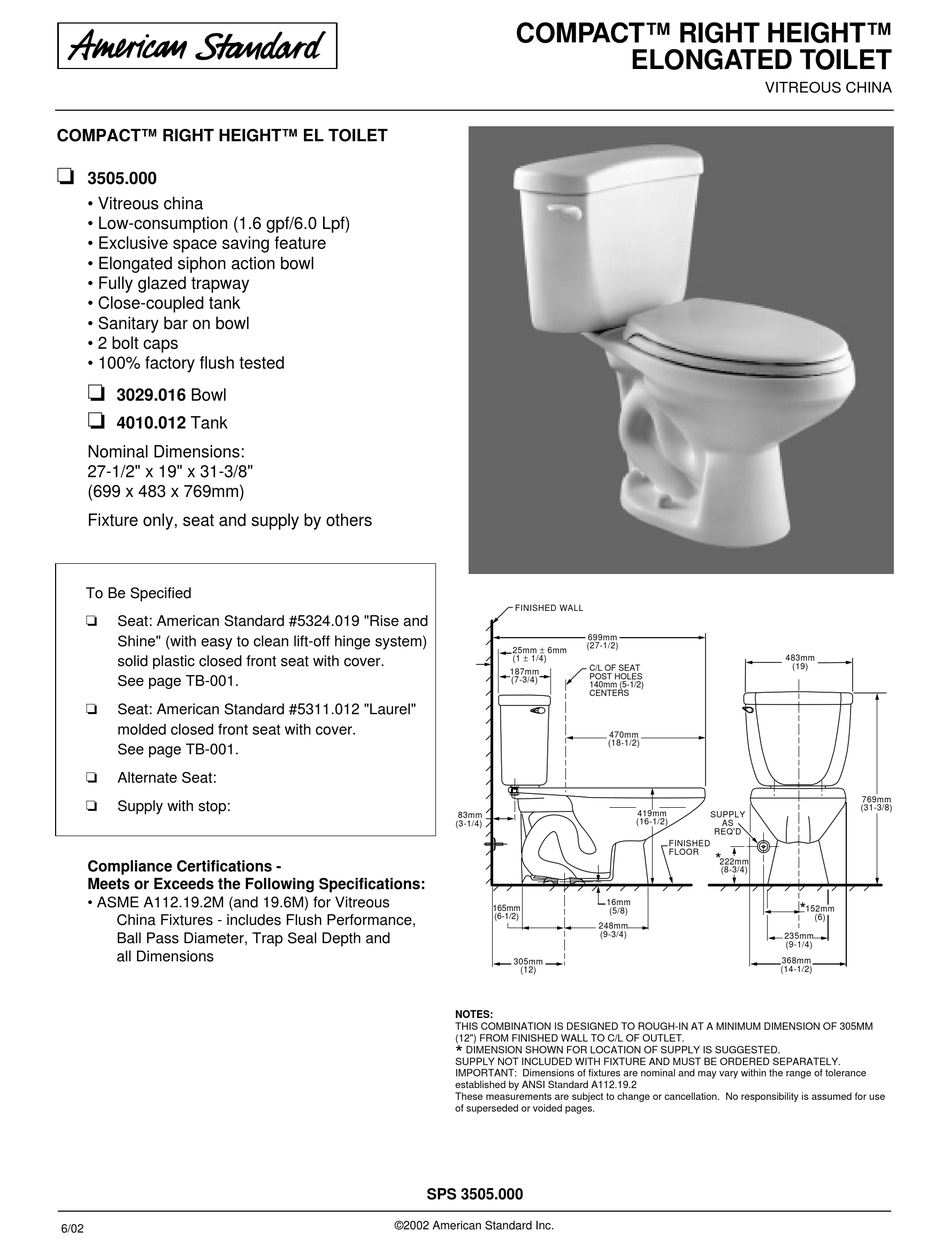 AMERICAN STANDARD COMPACT RIGHT HEIGHT ELONGATED TOILET 3505.000 ...