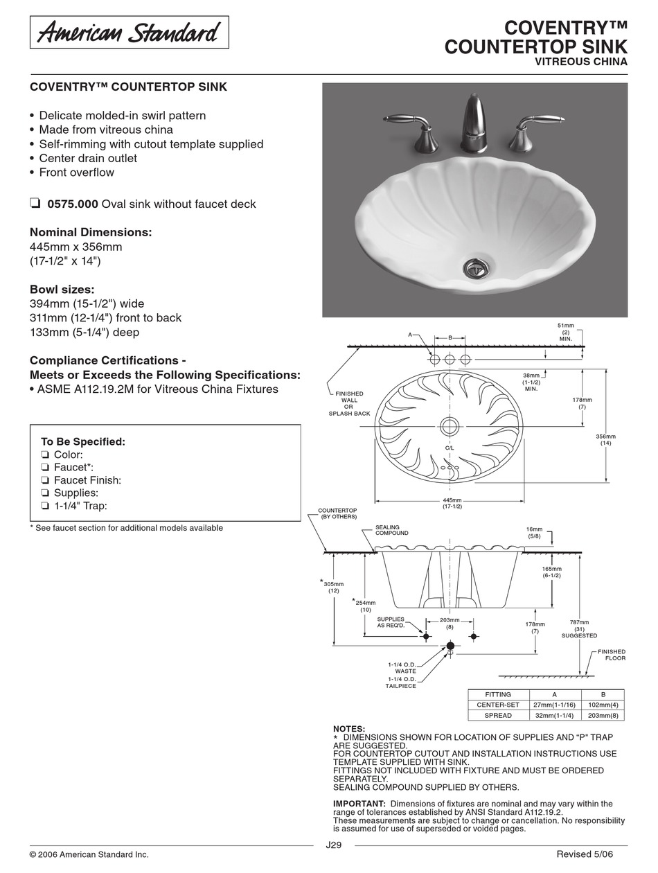 AMERICAN STANDARD COVENTRY 0575.000 DIMENSIONS Pdf Download ManualsLib