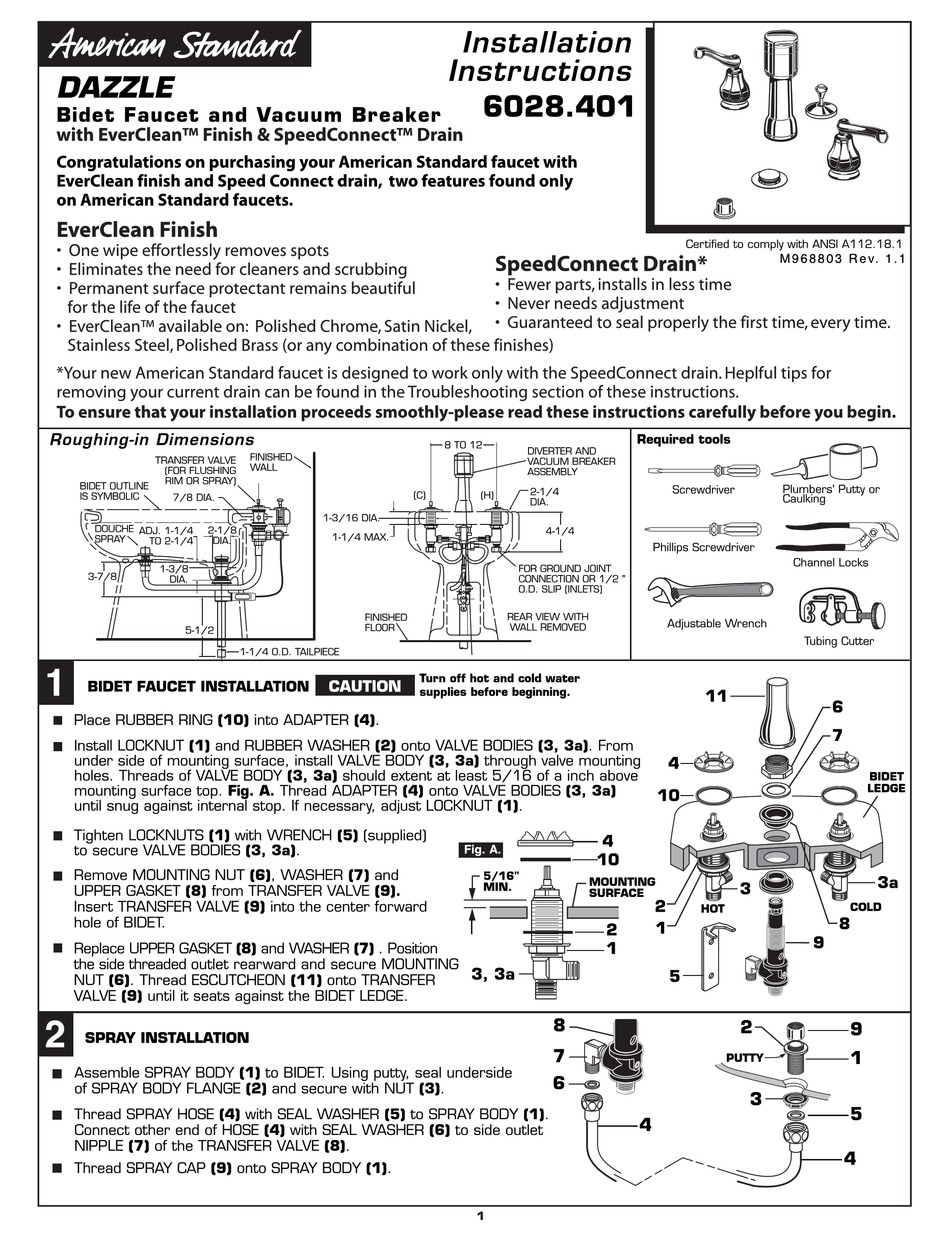 AMERICAN STANDARD DAZZLE 6028.401 INSTALLATION INSTRUCTIONS MANUAL Pdf