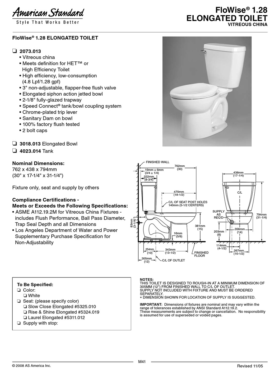 AMERICAN STANDARD FLOWISE 1.28 2073.013 SPECIFICATION SHEET Pdf
