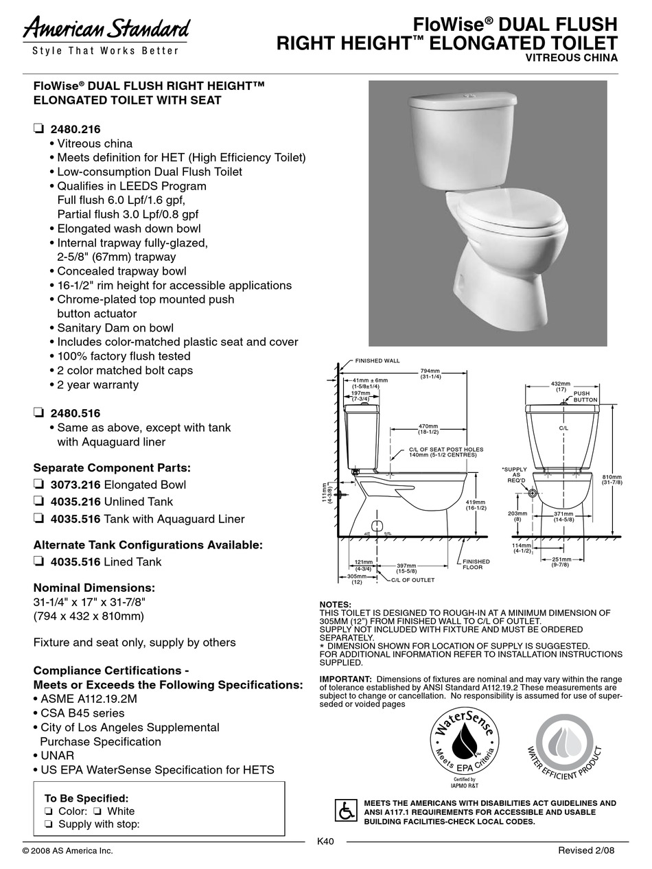 AMERICAN STANDARD FLOWISE 3073.216 SPECIFICATION SHEET Pdf Download ...