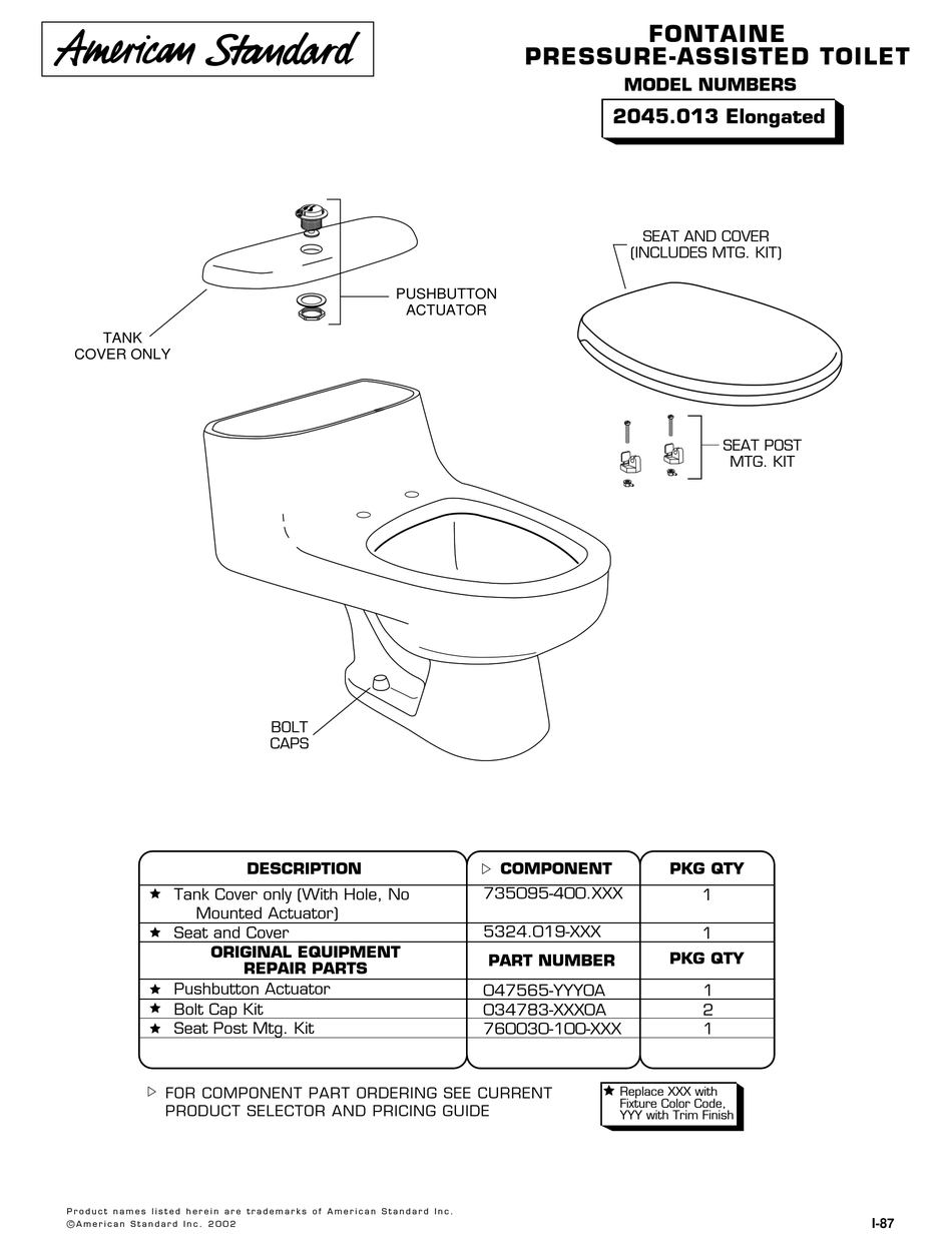American Standard Fontaine Elongated Pressure Assisted One Piece Toilet 45 013 Repair Parts Pdf Download Manualslib