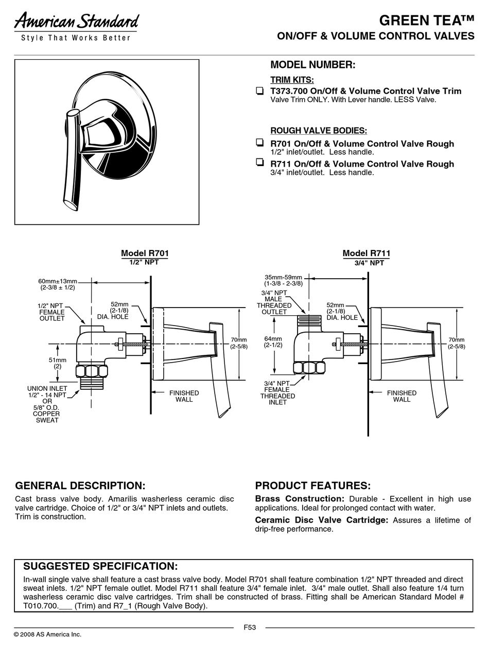 AMERICAN STANDARD GREEN TEA ON/OFF & VOLUME CONTROL VALVES T373.700 SPECIFICATION SHEET Pdf AMERICAN STANDARD GREEN TEA ON/OFF & VOLUME CONTROL VALVES T373.700 SPECIFICATION SHEET Pdf
