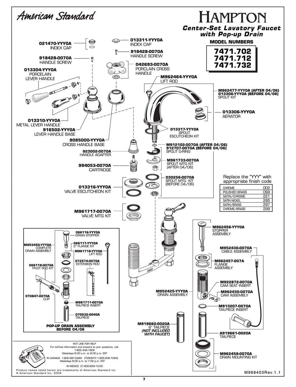 American Standard Hampton 7471703 Parts List Pdf Download Manualslib