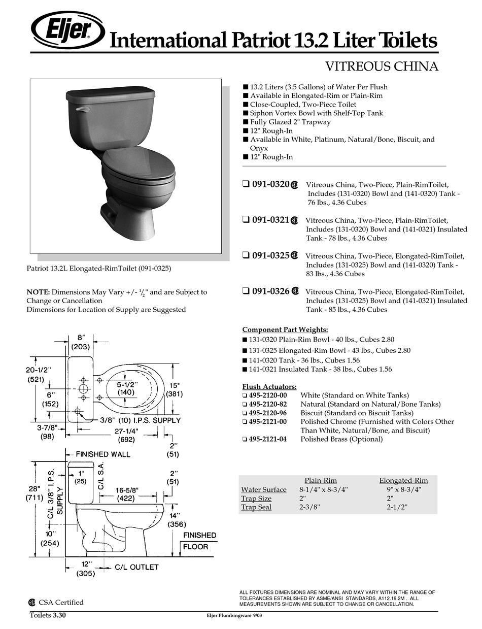 ELJER INTERNATIONAL PATRIOT 13.2 LITER TOILETS 0910320 SPECIFICATION