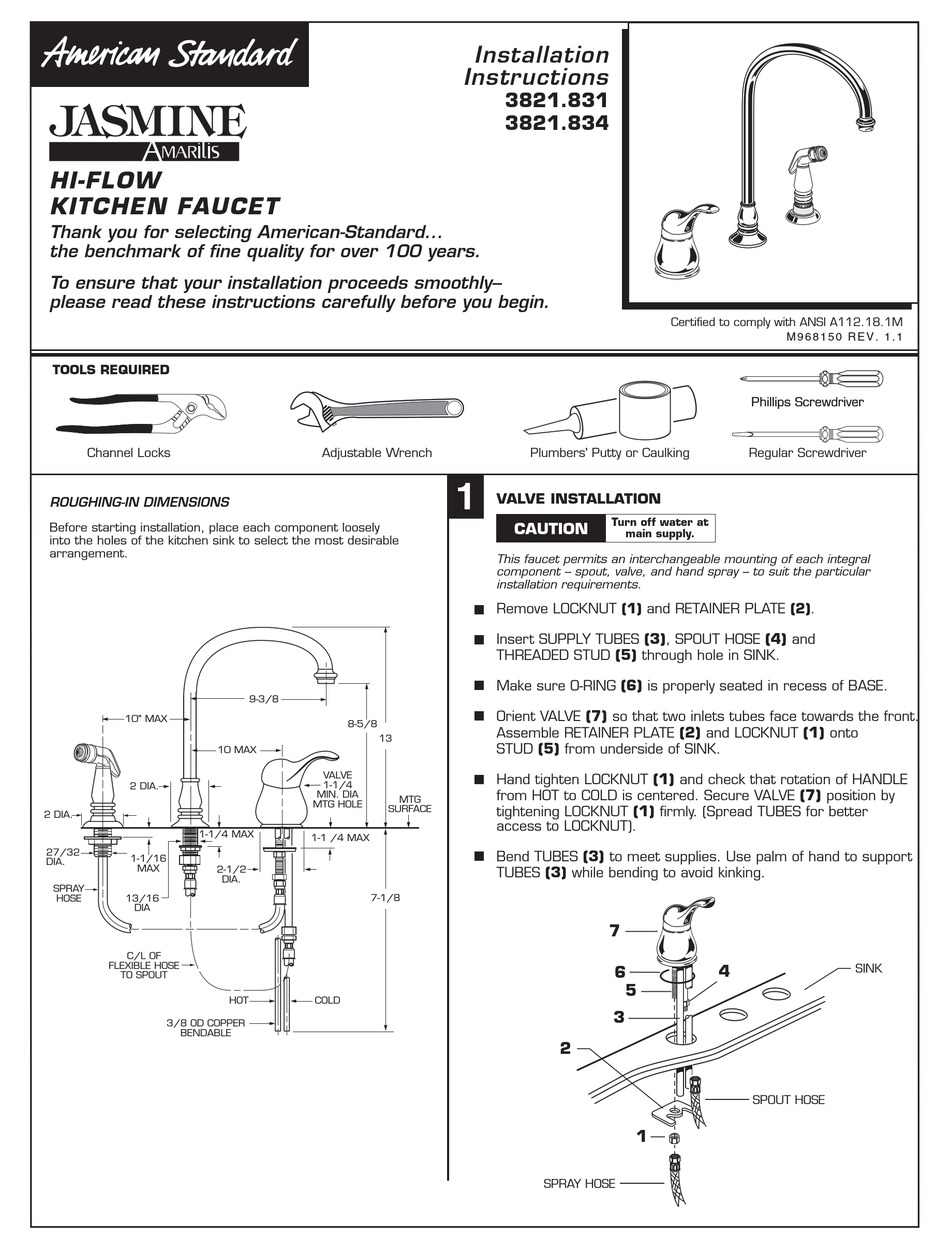 AMERICAN STANDARD JASMINE AMARILIS 3821.831 INSTALLATION INSTRUCTIONS