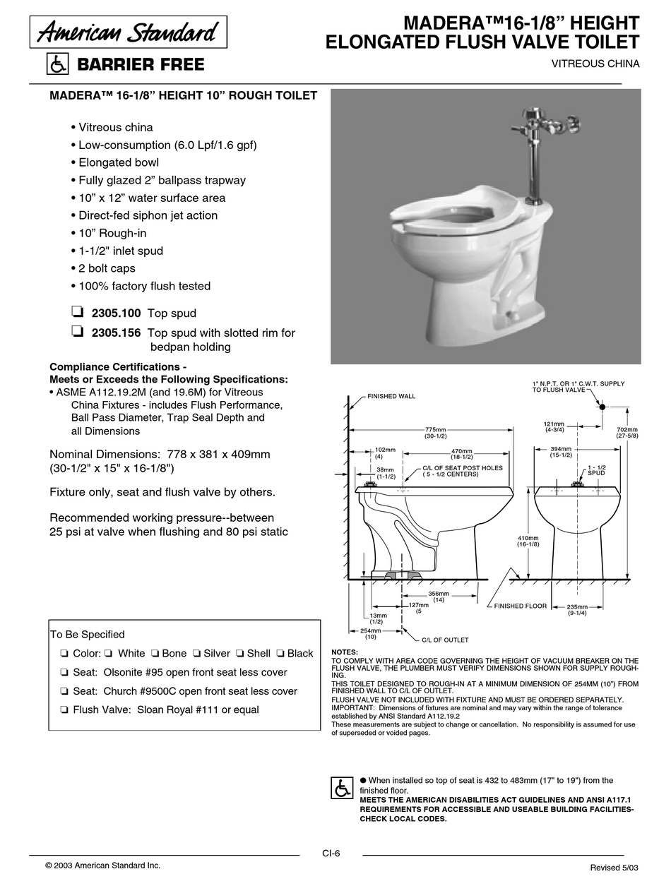 AMERICAN STANDARD MADERA 16-1/8" HEIGHT ELONGATED FLUSH VALVE TOILET