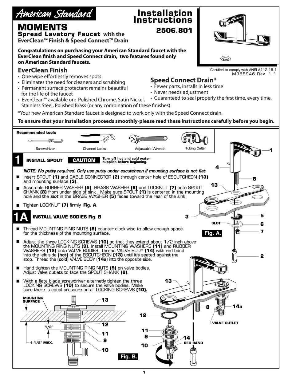 AMERICAN STANDARD MOMENTS 2506.801 INSTALLATION INSTRUCTIONS MANUAL Pdf