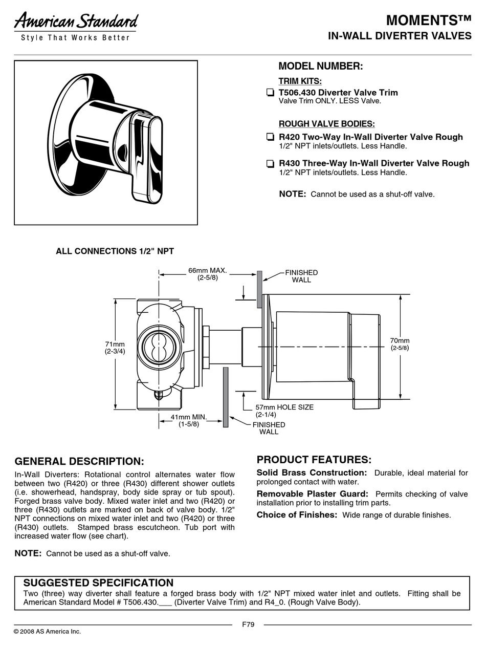 AMERICAN STANDARD MOMENTS INWALL DIVERTER VALVES T506.430