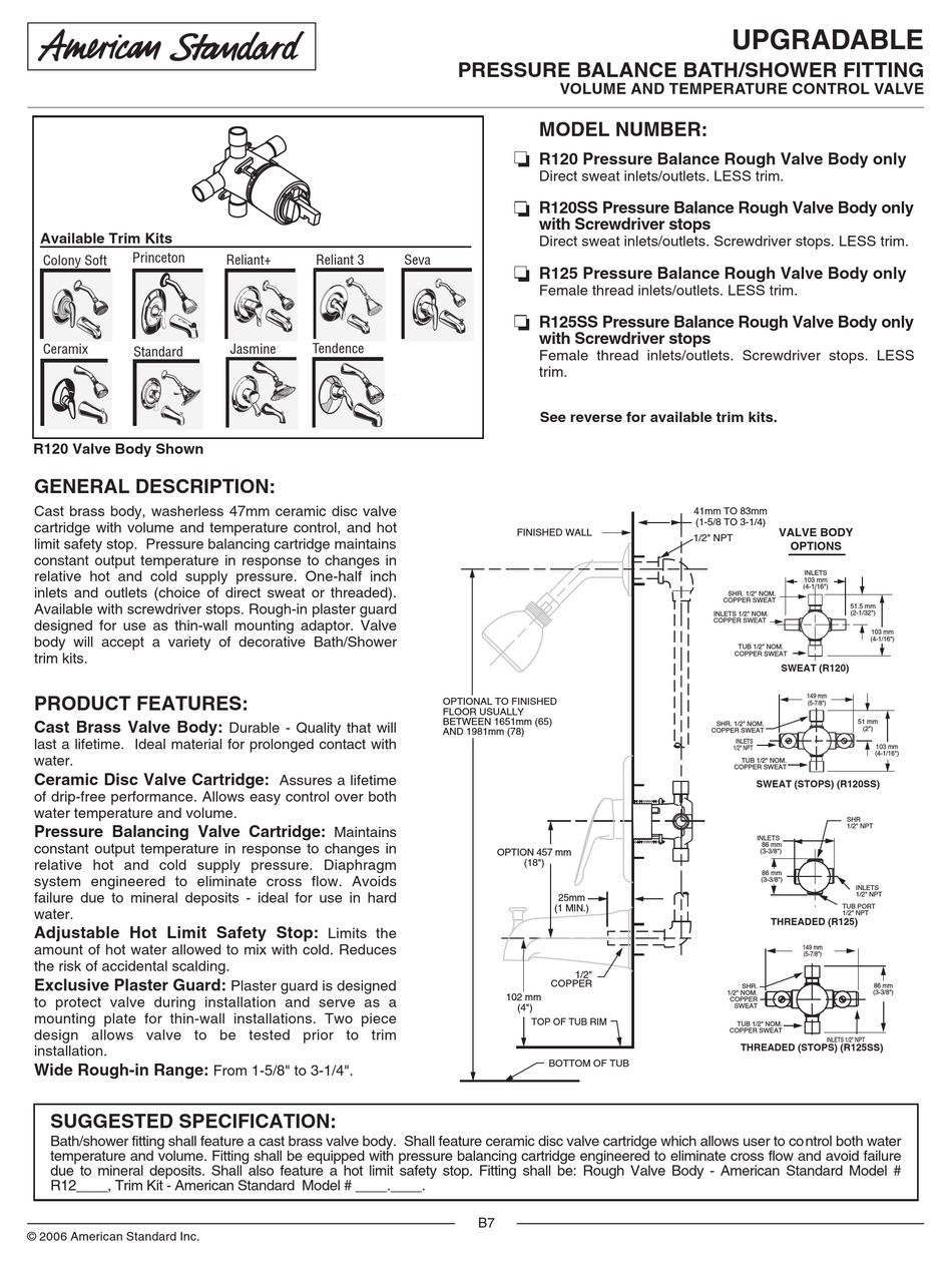 AMERICAN STANDARD PRESSURE BALANCE BATH/SHOWER FITTING R120