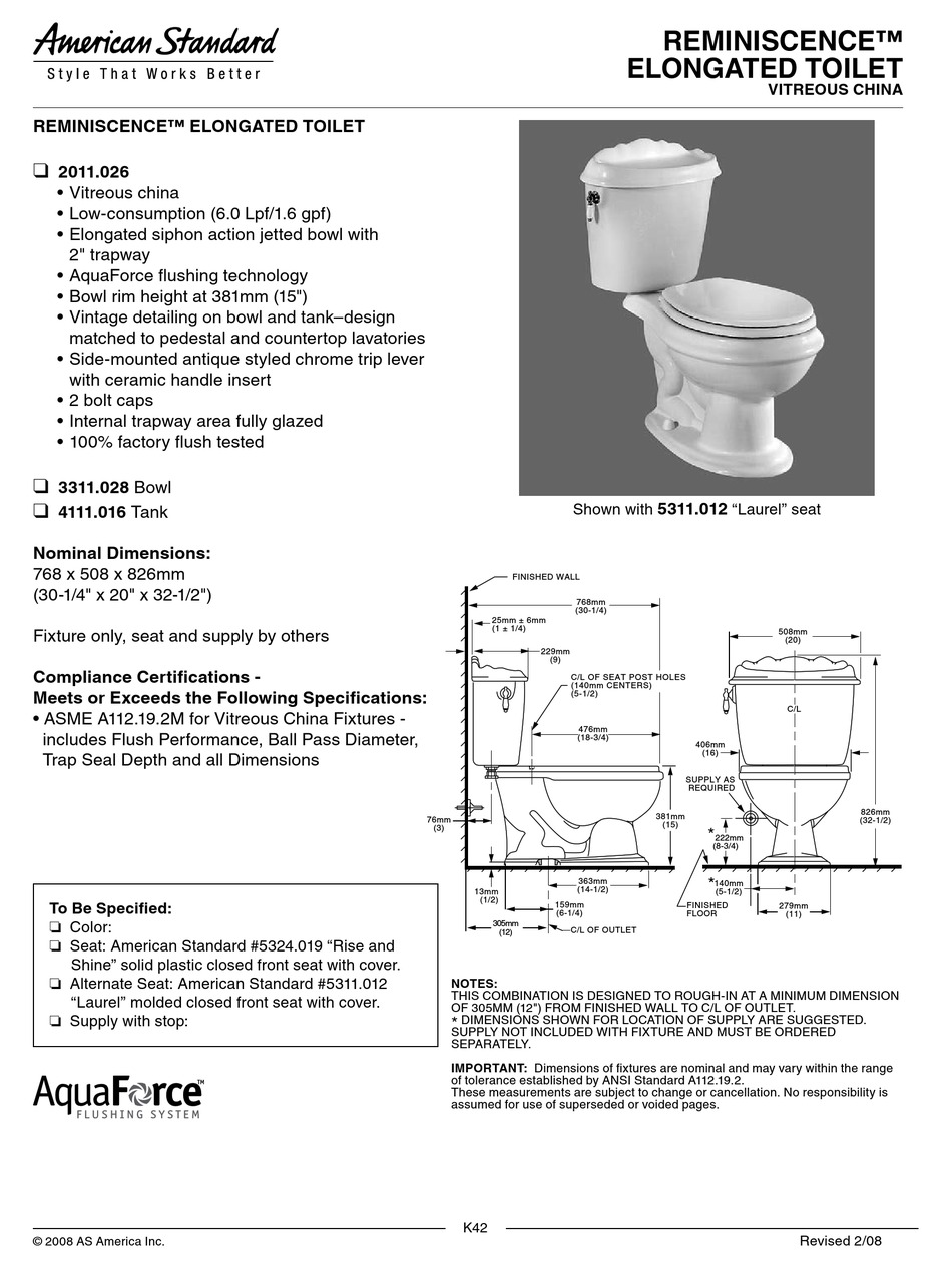 AMERICAN STANDARD REMINISCENCE 3311.028 SPECIFICATIONS Pdf Download ...