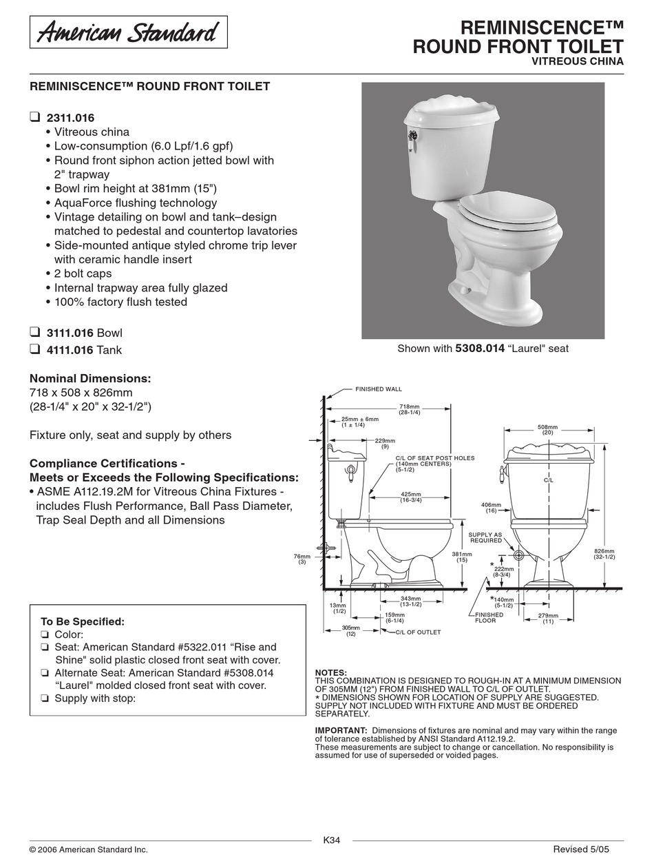 AMERICAN STANDARD REMINISCENCE ROUND FRONT TOILET 3111.016 ...