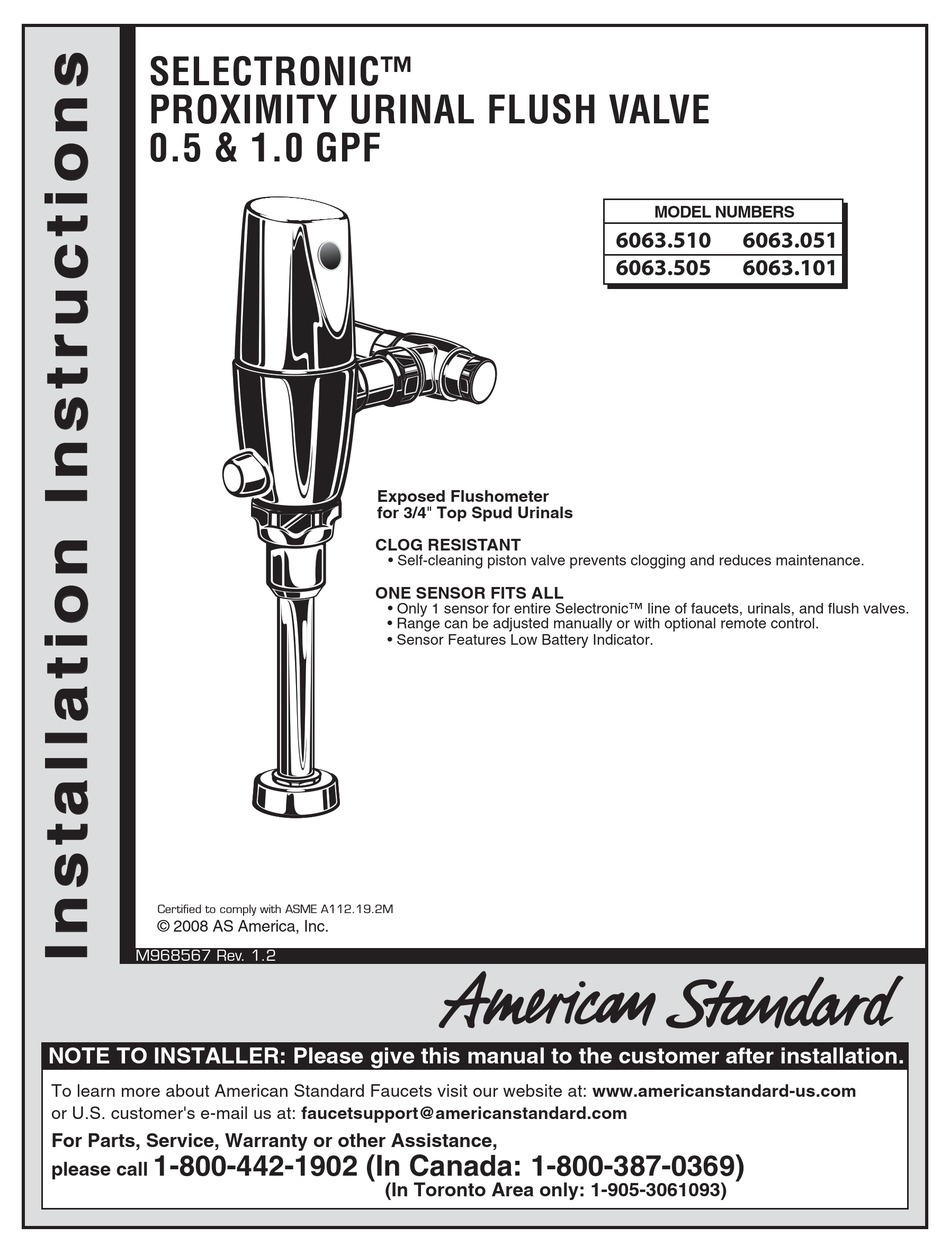 AMERICAN STANDARD SELECTRONIC PROXIMITY URINAL FLUSH VALVE 6063.051