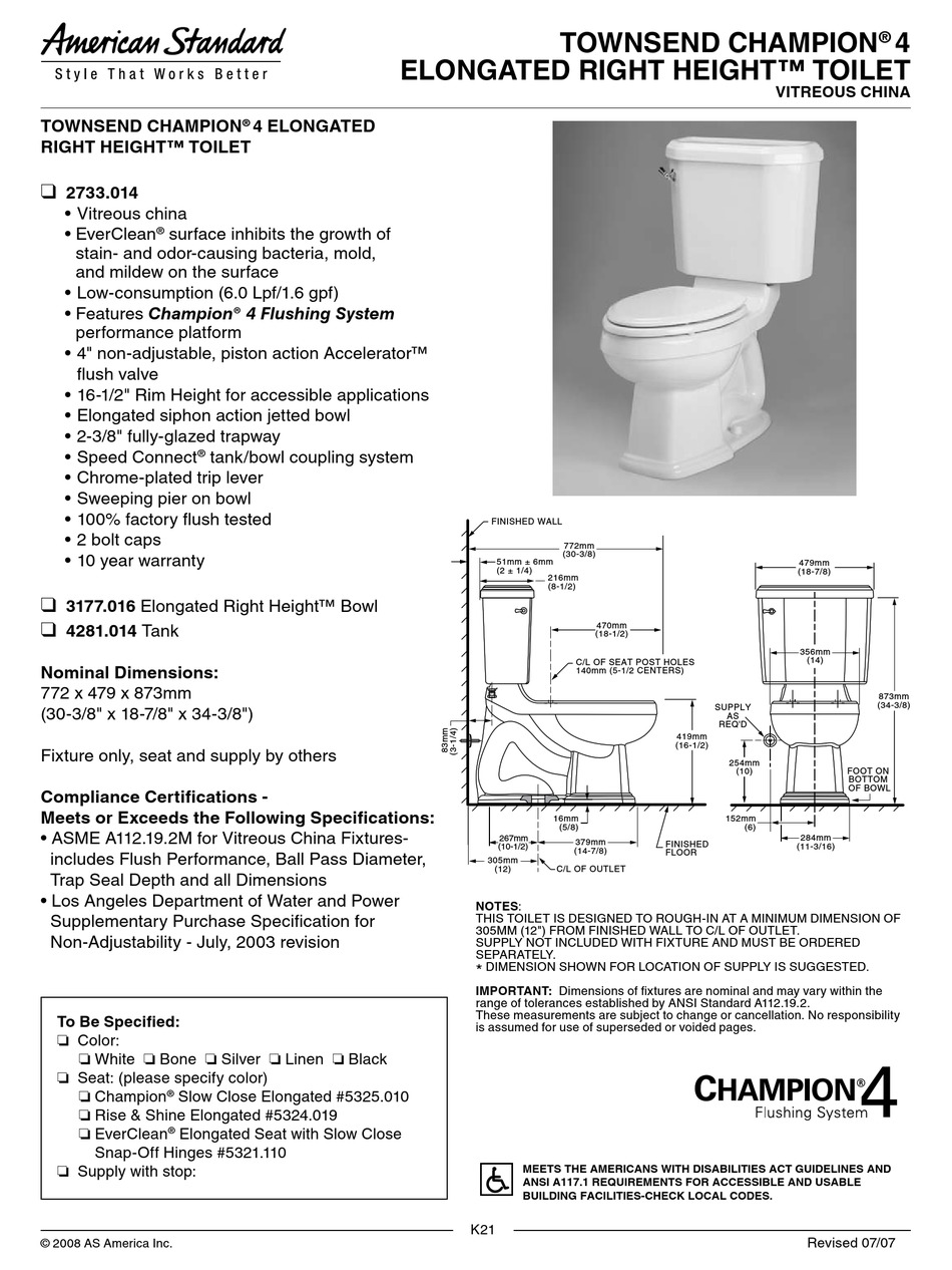 American Standard Townsend Champion 4 Elongated Right Height Toilet