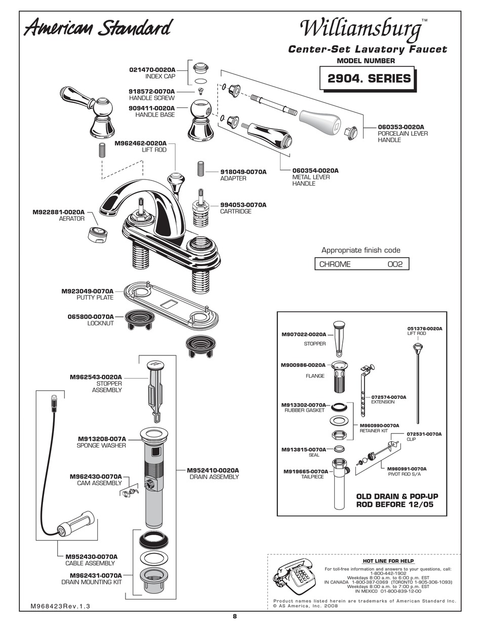 American Standard Williamsburg 2904 Series Parts List Pdf Download Manualslib