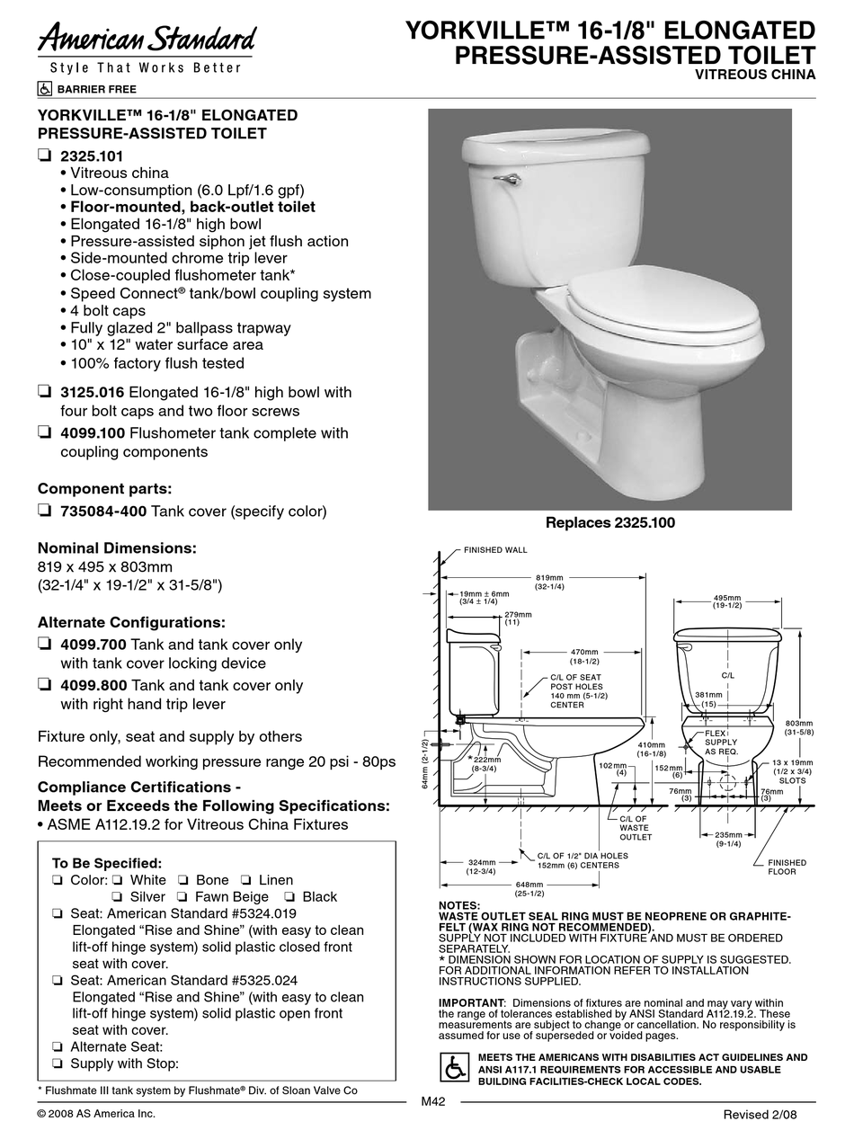 AMERICAN STANDARD YORKVILLETM 3125.016 SPECIFICATION SHEET Pdf Download ...