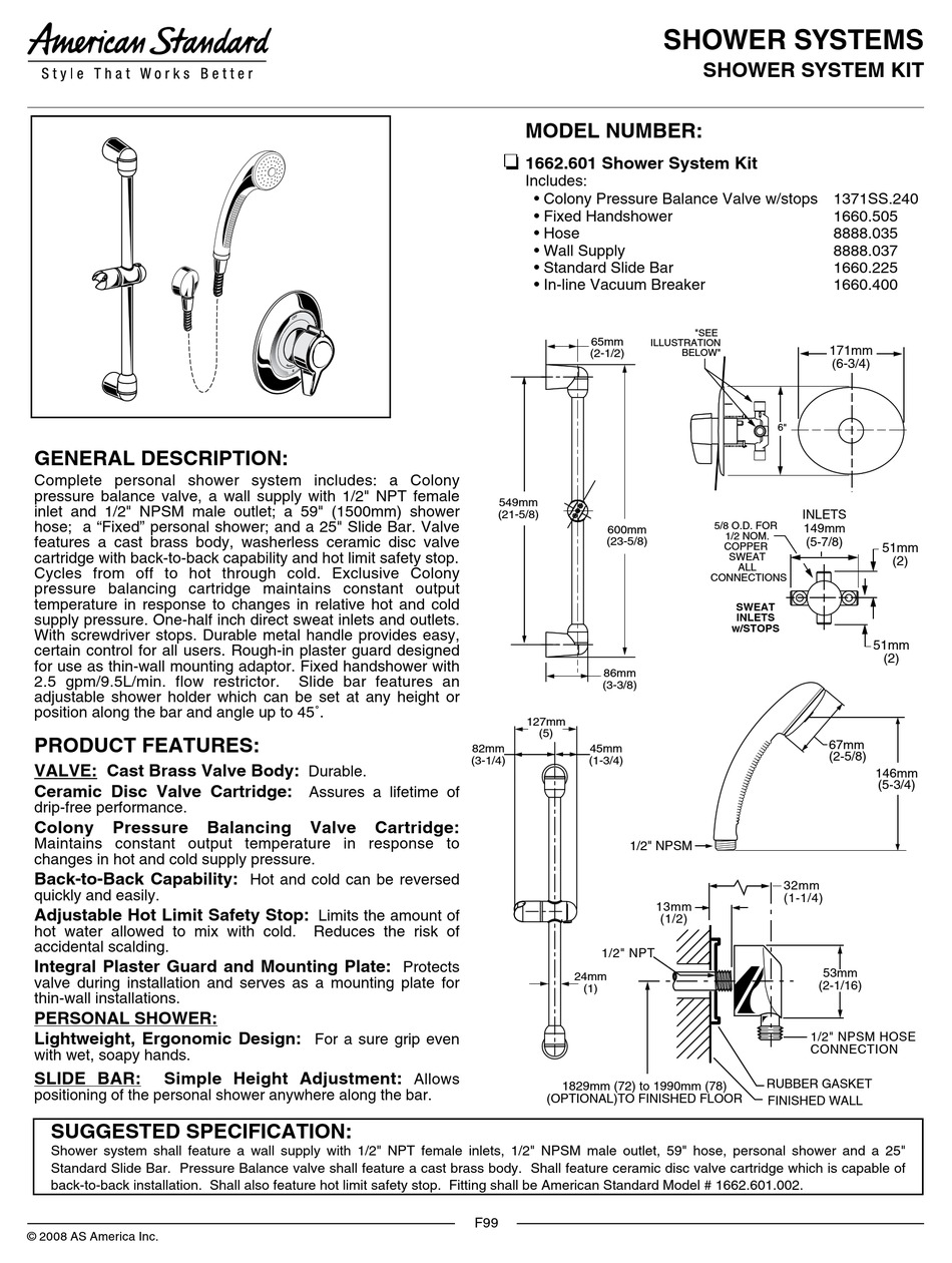 AMERICAN STANDARD 1662.601 SPECIFICATIONS Pdf Download | ManualsLib